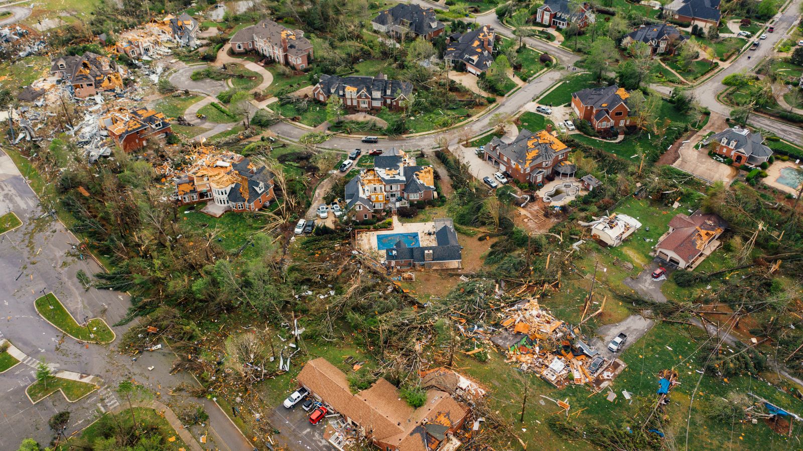 Aerial view of houses destroyed by a hurricane