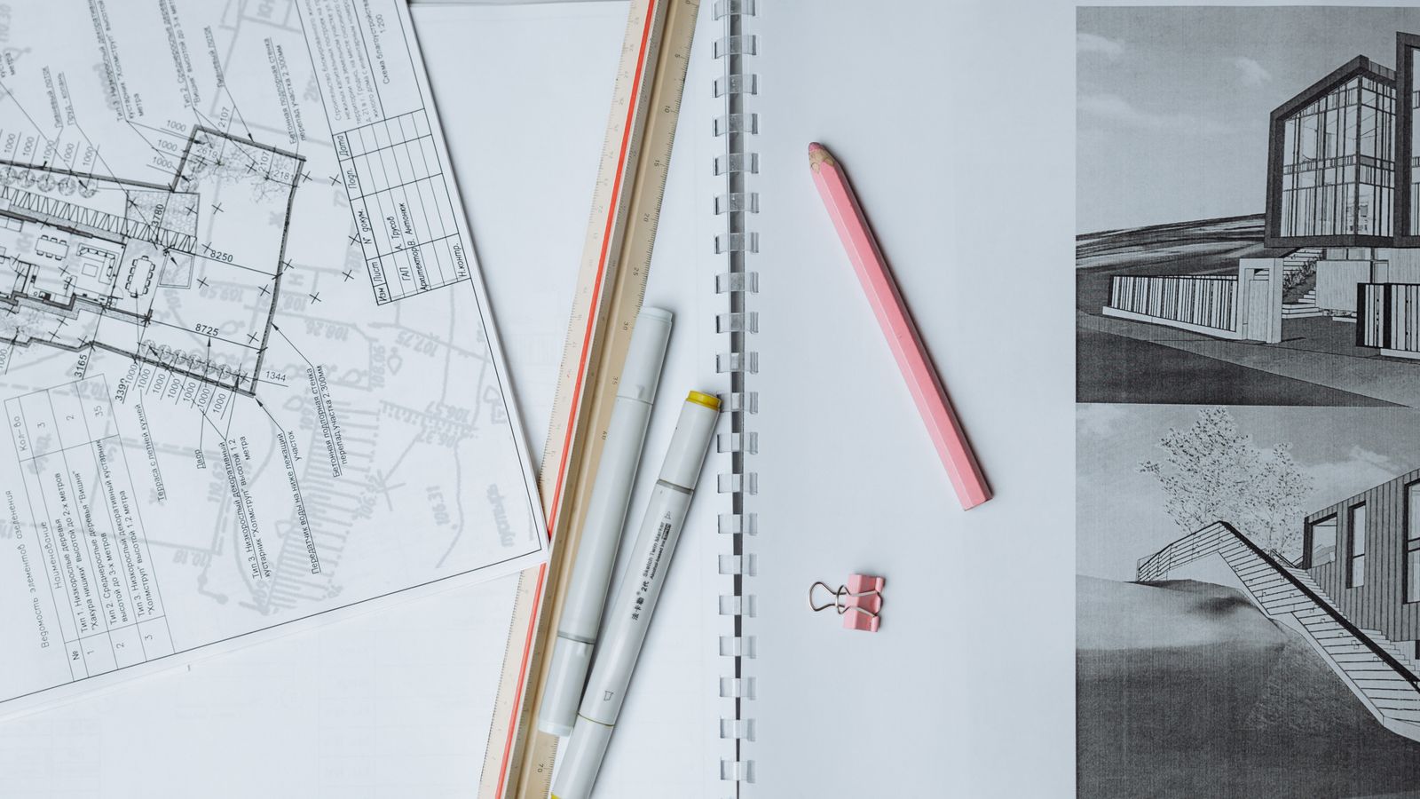Construction drawings, scale rule and measuring tools